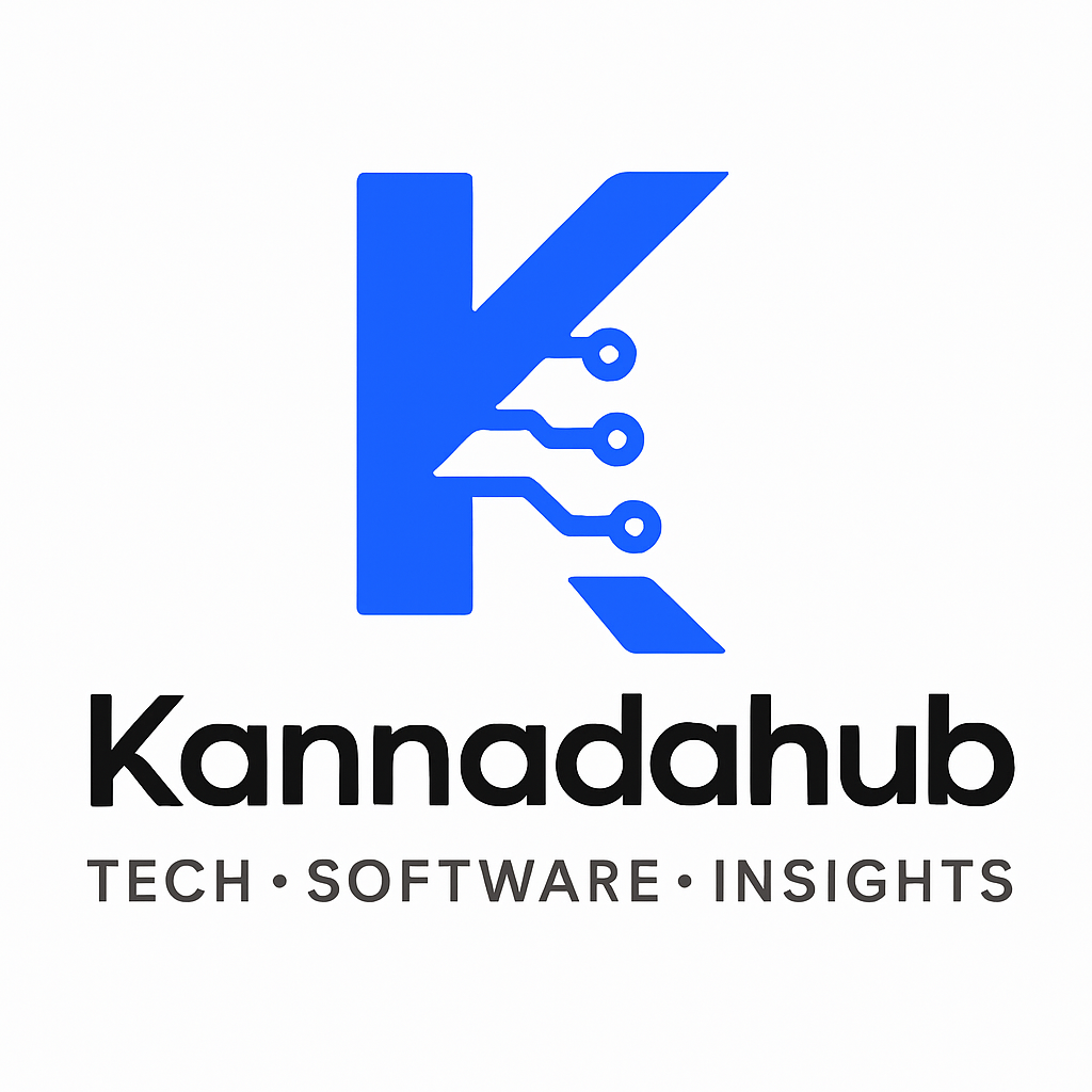 **Alt text:** `"Kannadahub logo featuring a blue letter K with circuit design and the text 'Kannadahub – Tech • Software • Insights'"`